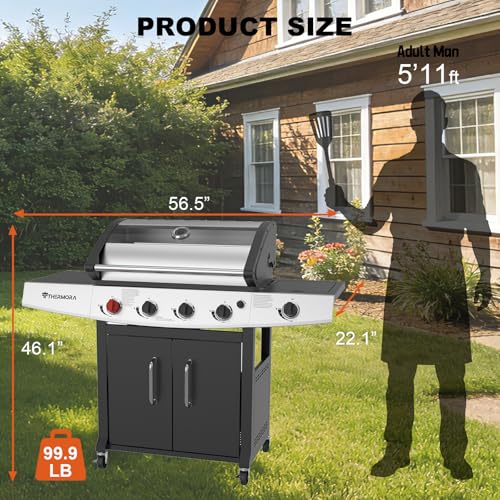 Image of 4 Burners Propane Gas Grill, BBQ Outdoor Grill Barbeque Burner | 62,000 BTU, 645 Sq.in, Searing Burner, Side Burner, Porcelain-Enameled Grates, Stainless Steel, Patio Garden Family Party