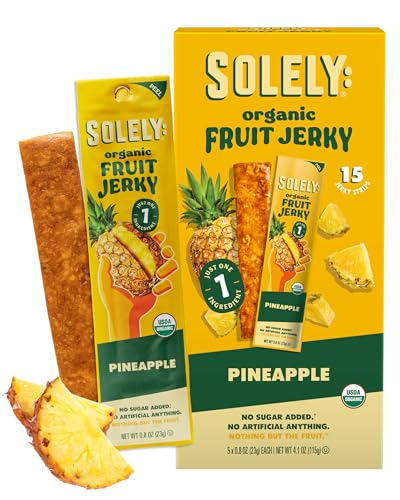 SOLELY - Organic Pineapple Fruit Jerky - 15 Individually Wrapped Strips - Fruit Leather Made from Dried Fruit - Healthy Snacks for Adults & Kids - Non GMO, Vegan Snacks - 0.8oz (23g)