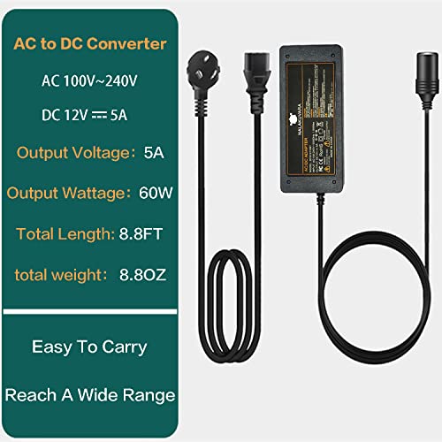 Nalakuvara 20181211001 Ac To Dc Converter 110V To 12V 5A 60W Car Cigarette Lighter Adapter - Wall Plug Outlet Female Socket Converter - 110/120 To 12 Volt Ac/Dc Adapter Power Supply thumb #2