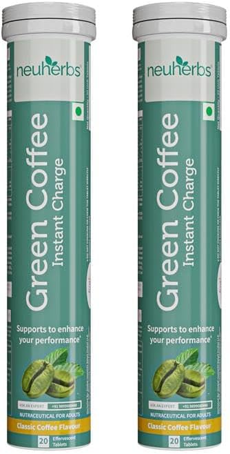 Neuherbs Plant Based Green Coffee Instant Charge in Classic Coffee Flavour 20 effervescent tablets | Boost Metabolism | Natural Caffeine - Pack of 2