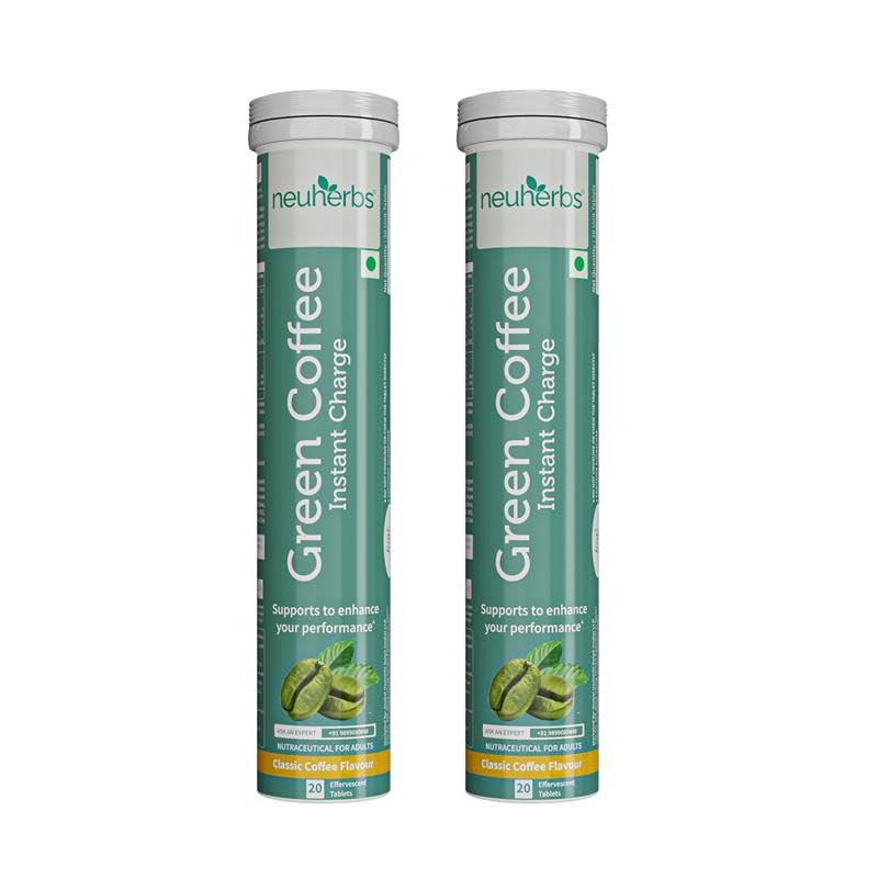 Neuherbs Plant Based Green Coffee Instant Charge in Classic Coffee Flavour 20 effervescent tablets | Boost Metabolism | Natural Caffeine - Pack of 2