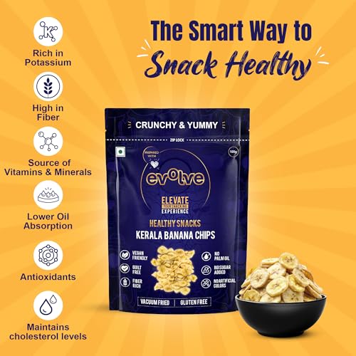 Image of Evolve Kerala Banana Chips Healthy Snacks for Kids, Adults | Gluten-Free, No Sugar or Colors, Vacuum Fried | Ideal for Weight Loss -100g Pack of 3