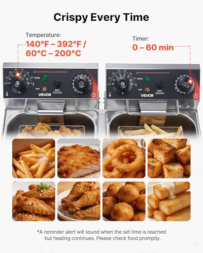 Image of VEVOR Commercial Deep Fryer, Stainless Steel Countertop Fryer with Baskets & Lids, Temp Control, Overheat Protection, for Commercial Restaurant, Double Fryer with Oil Filtration-19 Qt
