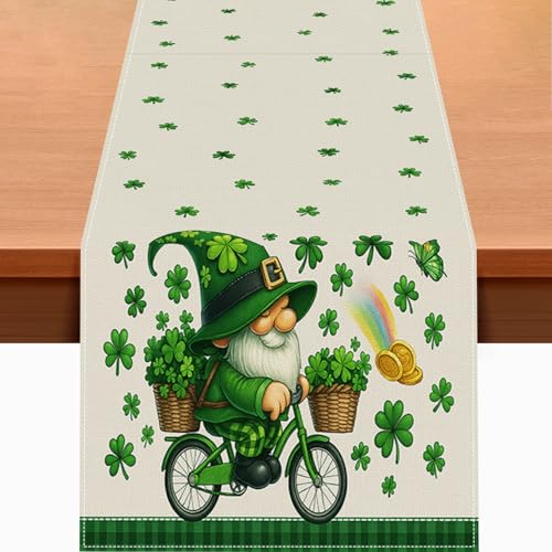 HOMETITUTE St Patrick’s Day Table Runner 13x72 Inch Burlap Farmhouse Table Decor with Leprechaun Bicycle Rainbow Gold Shamrock Pattern Rustic Burlap Table Runner