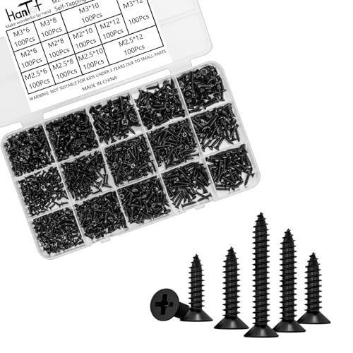 1200Pcs Black Tiny Self Tapping Screws for Wood, Plastic and Soft Metal. Phillips Flat Head M2 M2.5 M3 Small Countersunk Tapper Screws Set for DIY Micro Woodworking Furniture Box. Carbon Steel by HanTof - Image 2