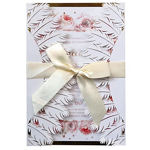 Invitation de mariage découpée au laser chic avec ruban et enveloppe pour fiançailles - 4