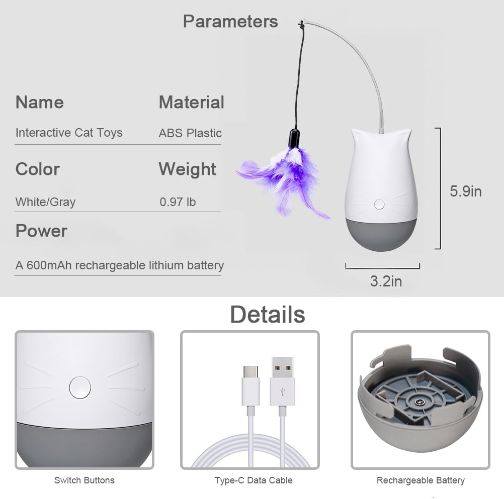 DOEL Cat Toys Interactive for Indoor, Rechargeable Automatic Rotating Feather Wand Toy, Tumbler Design, Electric Fun Tracker Exercise Gift, Stimulate to Chase and Hunting, for Bored Cats Kitten