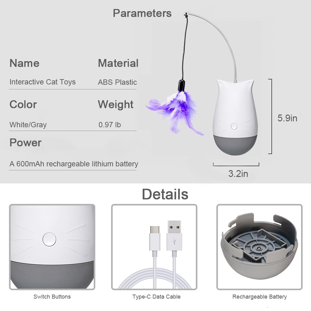 DOEL Jouets interactifs pour chats d'intérieur ennuyés avec 2 modèles, rechargeable automatique en plumes, design gobelet, cadeau d'exercice électrique, stimulation mobile pour chasser et chasser