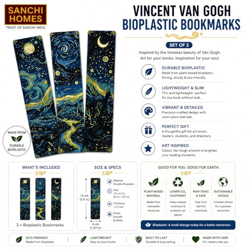Image of Vincent Van Gogh Starry Night Bookmarks - Set of 3 | Inspired by Iconic Post-Impressionist Art | Premium Bioplastic Bookmarks for Readers, Art Lovers & Gifting