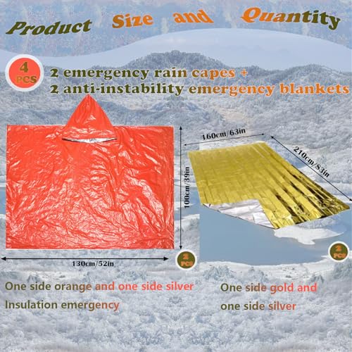 Image of 4X Survival Gear kit, Emergency Poncho (2pc), Emergency Space Blanket (2pc), Mylar Liner - Retains 92% Body Heat, for Outdoors, Hiking, Camping, Bug Out Bag, Marathons or First Aid, Car (Orange)