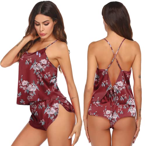 Image of Ekouaer Silk Pajamas Set for Women Satin Backless Lingerie Pjs Cami Top and Shorts Nightwear