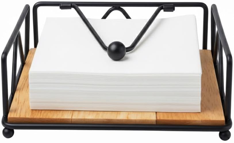 Flat Napkin Holder for Table Countertop, Modern Decorative Square Paper Napkin Organizer Dispenser with Weighted Arm for Kitchen Dining Table Restaurant (7'' x 7''x 2.75'', Matte Black)