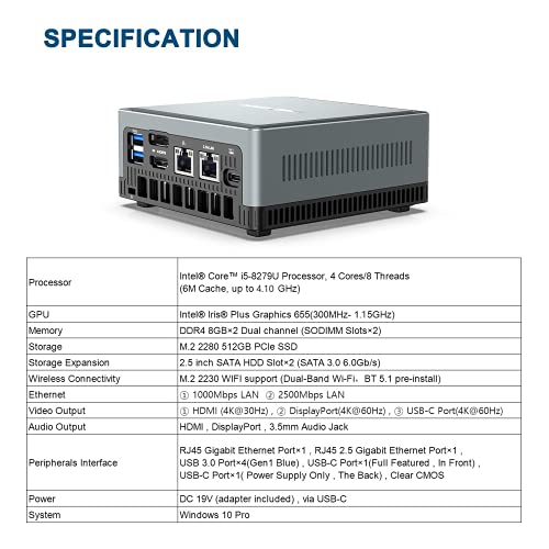 MINIS FORUM Mini PC Intel Core i5-8279U | 16GB DDR4 512GB PCIe SSD | Intel Iris Plus Graphics 655 | 2.4G/5G Dual WiFi BT 4.2 | HDMI/Display/USB-C | 2X RJ45 | 4X USB 3.0 | Small Form Factor - Image 7