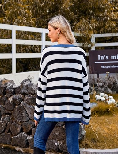 Image of Blooming Jelly Womens Striped Sweater Oversized V Neck Side Slit Cute Long Sleeve Tops Pullover Fall 2024 Trendy Casual Tunic