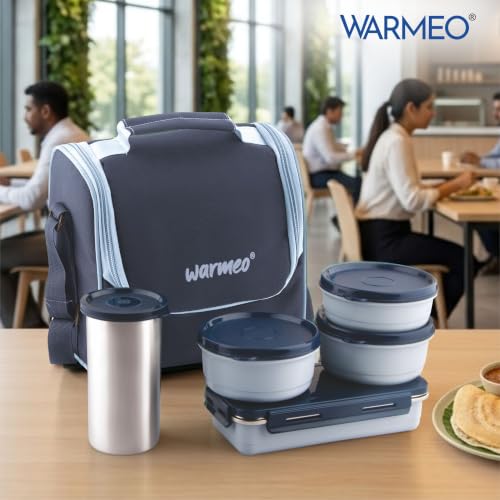 Image of WARMEO Micro Meal Microwave Safe Lunch Box | 1 Rectangular Container 600ml + 2 Round Containers 350ml Each + 1 Round Container 250ml + 1 Steel Tumbler 500ml | Office,School,Picnic,Blue