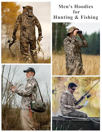 Image of FISHEAL Men's Hunting Shirts with Mask - UPF 50+ Camo Long Sleeve Fishing Hoodie Shirt with Adjustable Drawstring