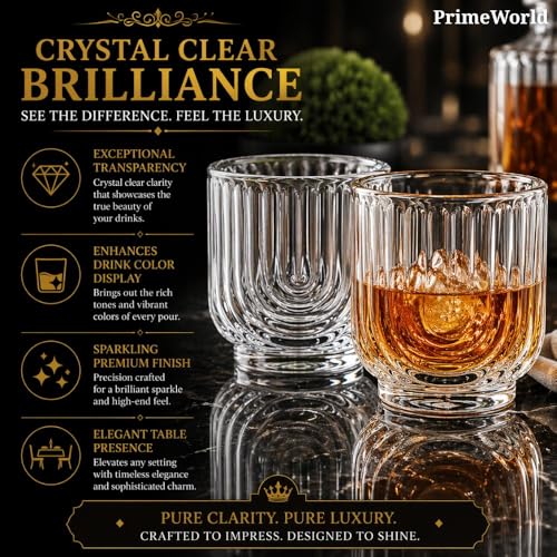 Image of PrimeWorld European Ribbed Whiskey Glasses Set of 6 pcs- 350 ml Bar Glass for Drinking Bourbon, Whisky, Scotch, Cocktails, Cognac- Old Fashioned Cocktail Tumblers