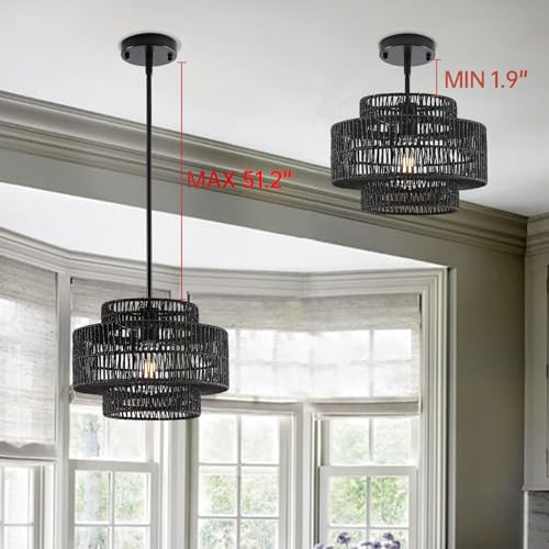 Image of 12.4 inch Black Boho Rattan Chandelier Light Fixture, 1-Light Hand Woven Pendant Light Fixture Farmhouse Rustic Hanging Lamp for Kitchen Island Bedroom, Dining Room, Living Room, Entryway, Foyer