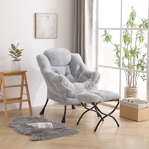 Image of LITA Lazy Chair with Ottoman, Modern Accent Leisure Upholstered Sofa Chair, Contemporary Lounge Reading Chairs with Armrests and a Side Pocket for Living Room, Bedroom & Small Space, Plush Grey