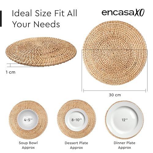 Image of Encasa XO Dining Round Table Mats Set of 2 | Rattan Placemat - 30 cm Diameter | Natural Cane Handmade Woven | Boho Farmhouse Wicker Chargers for Dinner Plates