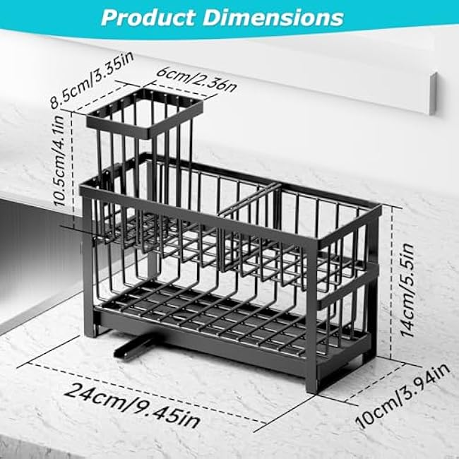 Sponge Holder for Kitchen Sink, 2 Tier Sink Caddy Organizer Countertop with Dish Brush Holder and 360¡ã Drain Tray, Rustproof Stainless Steel Dish Soap Storage Rack Set for Accessories