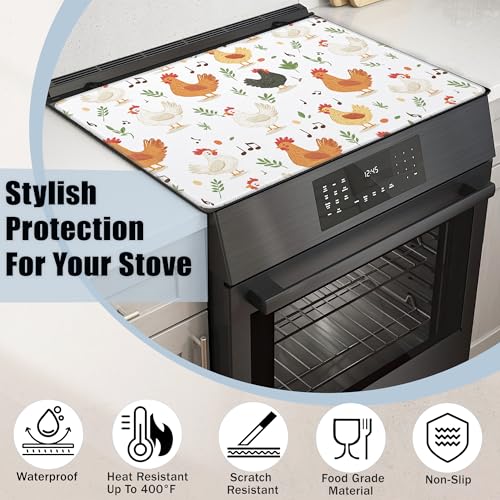 Image of Farmhouse Rooster Glass Top Stove Cover Protector,Green Leaves Music Notes Stove Top Covers for Electric Stove,Washable Heat Resistant Cooktop Mat Anti-Slip Range Covers, 28 x 20 Inch