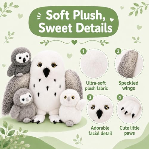 Image of Owl Stuffed Animal with 3 Babies,18 inch Snowy Owl Plush, White