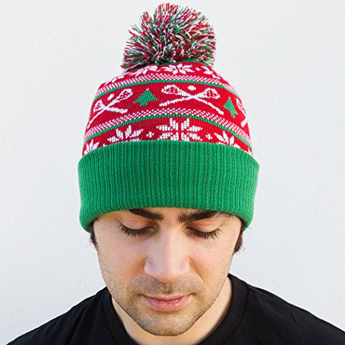 Ugly Christmas Sweater Lacrosse Pom Pom Beanie Hat | Lax Hats by ChalkTalk Sports Red/Green - Thumbnail 7