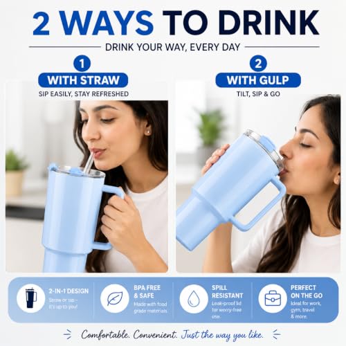 Image of Clazkit 1200ML Tumbler with Handle & Straw, Plastic Travel Cup, Leakproof Reusable Mug for Cold Beverages, Office, Gym & Car - Blue