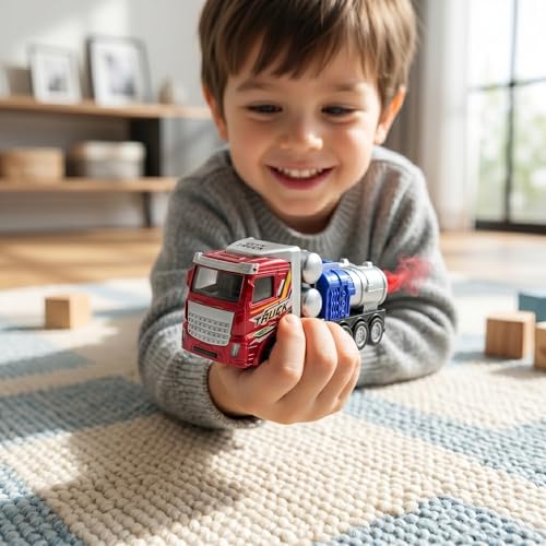 Image of Die Cast Metal Truck Toy with Light, Sound & Smoke Effects, Pull-Back Action Vehicle, Red & Black, Battery Operated, Ages 3+, with LED Headlights and Real Smoke Function