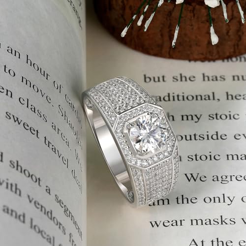 Mens Moissanite Wedding Band Engagement Ring Solitaire Stone 925 Sterling Silver Ring 1.5cttw D Color VVS1 Clarity Brilliant Round Cut Size 7-142