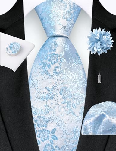 Image of GUSLESON 3.15 inch(8cm) Mens Floral Tie and Lapel Pin Necktie Hankerchief Cufflinks Set for Men