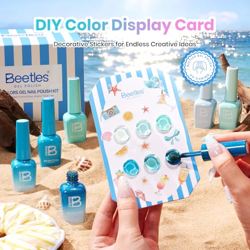 Image of Beetles Blue Gel Nail Polish Set, Summer Voyage Shore Light Cat Eye Gel Polish 6 Colors Mint Green Lyons Nail Gel with Nail Art Stickers & Scrunchie, Soak Off Uv Manicure Kit Gift for Women