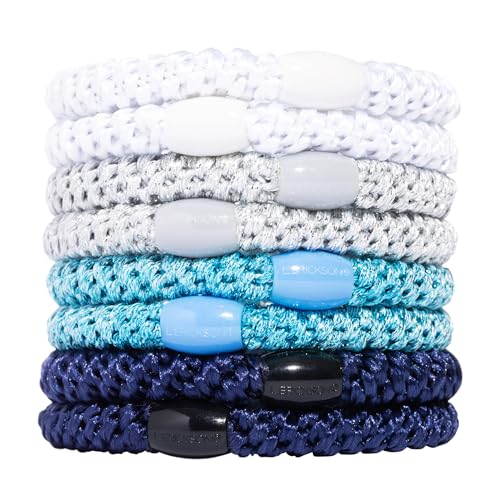 Image of L. Erickson Blue, Silver & White Hair Ties for Thick Hair, Grab & Go Ponytail Holders, 8 Pack, Blue Glow, Thick No-Crease Bands with Strong Hold, Damage-Free Design, Cool Polished Blend