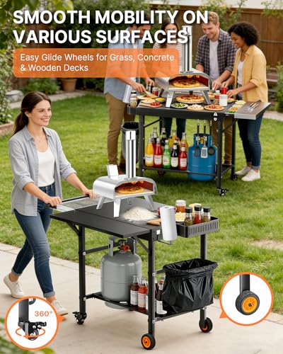 Image of Outdoor Pizza Oven Table, Portable Pizza Oven Cart with Topping Station, Heavy Duty Grill Cart Table with Pizza Prep Station with Storage, Fit Ninja Cuisinart Gozney and Blackstone Griddle