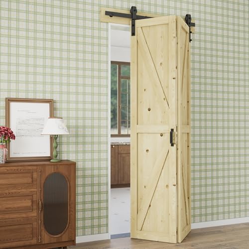 Puerta Granero Plegable 40" x 84" con Herrajes Kit de 44" Incluido, Paneles Preensamblados de Madera de Pino sin Acabado, Resistente a Rayaduras para Clósets miniatura 3