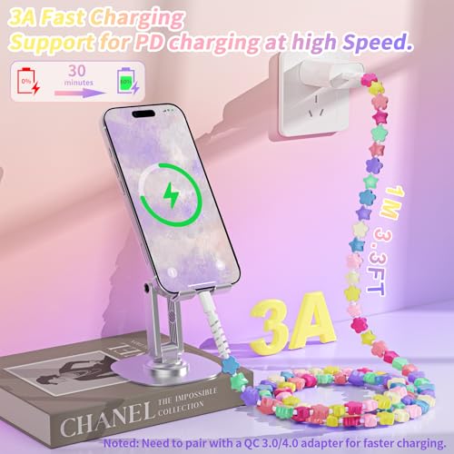 Image of HianDier for iPhone Charging Cord [MFi Certified] 3.3FT for iPhone Charging Cable Cute Flower Star Bead USB to iPhone Cable Girls Women for iPhone 14 13 12 11 Pro Max XS XR 8 7 6s-Candy Colored