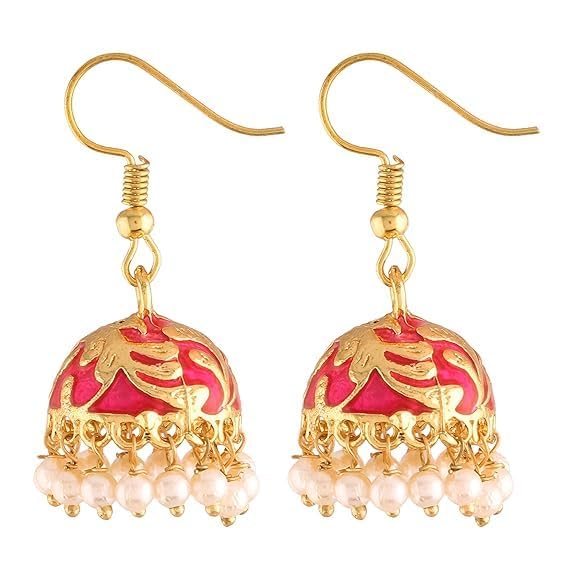 I Jewels 18K Gold Plated Traditional Handcrafted Meena Work Jhumka Earring Glided With Pearls For Women (E2547)