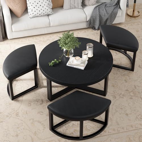 IGERI Round Coffee Table with Stools Underneath - 30 Inch Small Modern Tables Set with 3 Chairs Ottomans Seating Seats Black Wood by IGERI - Used condition - Image 7