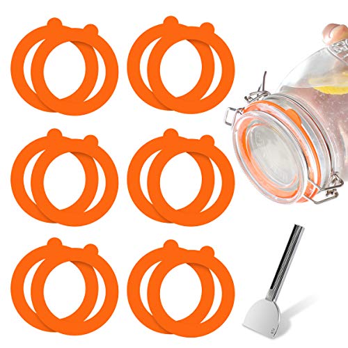 AIEVE Sellos de silicona de repuesto compatibles con tarros Kilner, paquete de 12 anillos herméticos y llave abretarros, para tarros de cristal de 0,35, 0,5, 1, 1,5 y 2 litros, color naranja