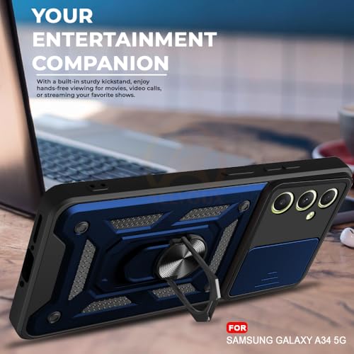Image of Armor Bumper Back Cover Case for Samsung A34 5G Rotating Camera Cover, Ring Holder & Kickstand | Heavy Duty & 360 Degree Protection Samsung A34 5G Back Cover (Blue)