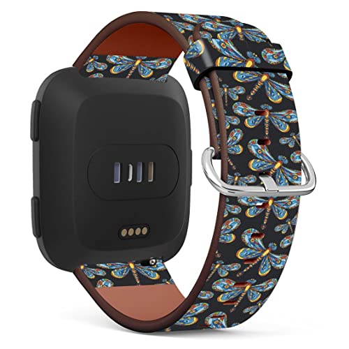 Compatible with Fitbit Versa 2 / Versa/Versa Lite/Versa SE Patterned Leather Replacement Band (Folk Art Dragonfly Pattern)
