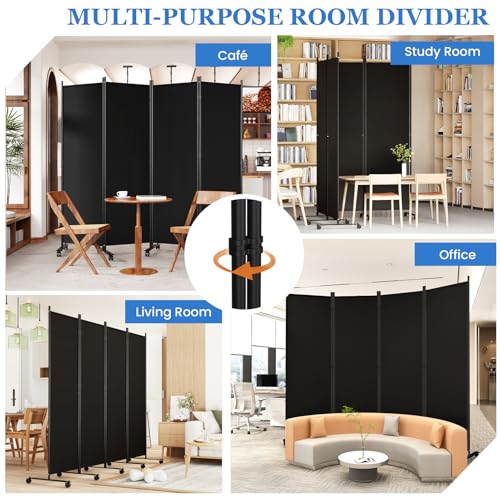 Image of SUNALLY Room Divider 6FT Folding Privacy Screens with Lockable Wheels, 4 Panel Room Partition for Room Separator, 88 inch W Freestanding Portable Fabric Wall Dividers for Home Dorm Studio Office, Black