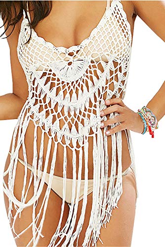 shermie Women's Handmade Crochet Swimsuit Cover UPS Short Halter Beach Dresses with Tassels Beige S
