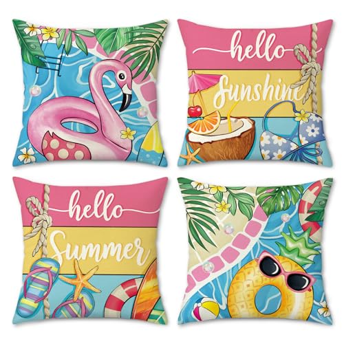 Bonhause Housse de Coussin Bonjour Été 45 x 45 cm Piscine Flamant Rose Ananas Plage Décoratif Taie d'oreiller pour Canapé Salon Chambre Chaise Jardin Patio...