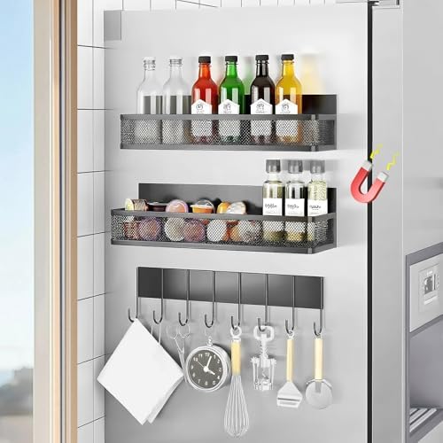 3 Pièces Étagère Magnétiques avec 10 Crochets, Porte Épices Aiman...