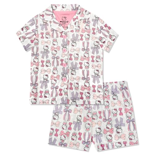 Hello Kitty Girls Pajama Set - 2 Piece Cozy Girls Pjs with Button Down Short Sleeve & Shorts For Kids - Official Product