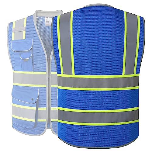 Image of JKSafety 9 Pockets Hi-Vis Safety Vest Breathable Mesh Fabric Cushioned Collar Work Utility PPE Lightweight Industrial Work Gear ANSI /ISEA compliant (101-Blue M)