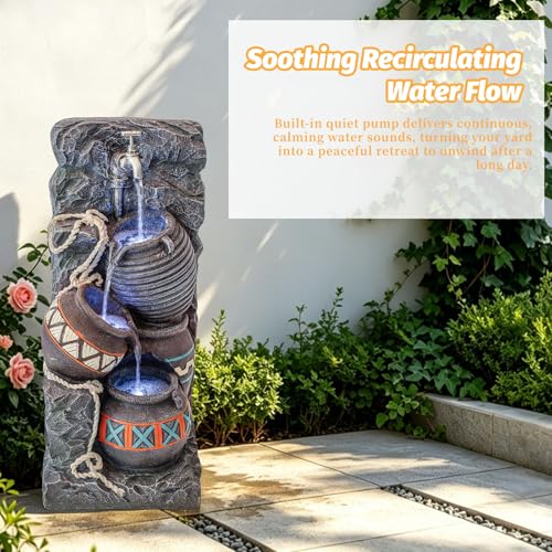 Image of Earthenware Jar Outdoor Water Fountain, Resin with LED, 24.4 in