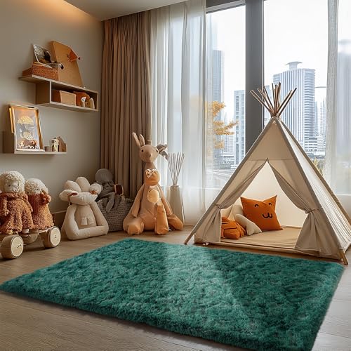 Zentavio Emerald Green Rugs for Bedroom 5x8 Dark Green Area Rugs for Living Room Fluffy Fake Grass Large Carpet for Kids Room Playroom Furry Shag Aesthetic Soft High Pile Washable Home Decor
